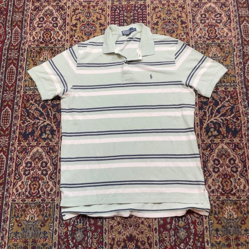 VTG 90s Polo Ralph Lauren XL Mint Green Striped Short Sleeve Pique Polo Shirt